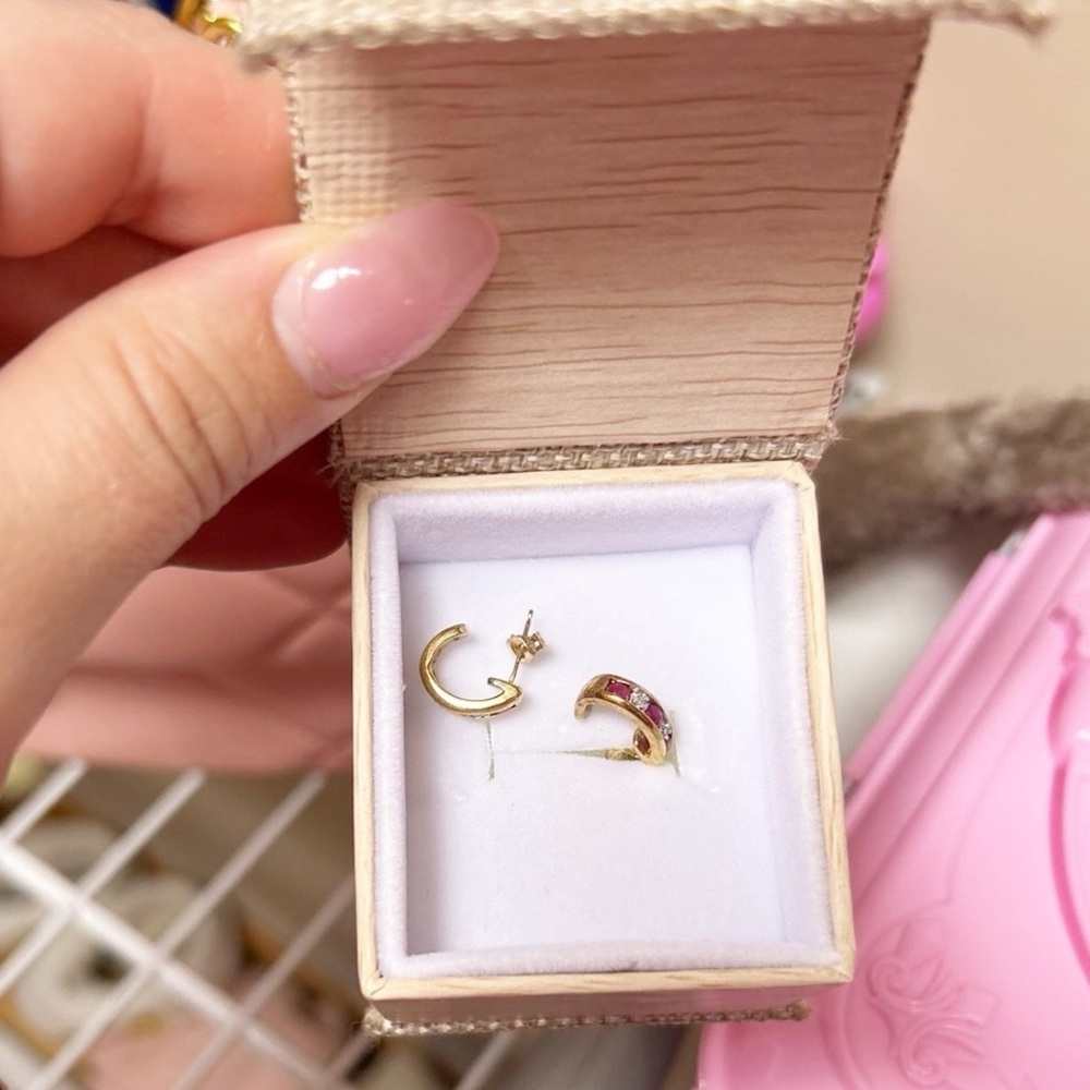 10k Solid Gold Ruby & Diamond J Style Huggie Earr… - image 4